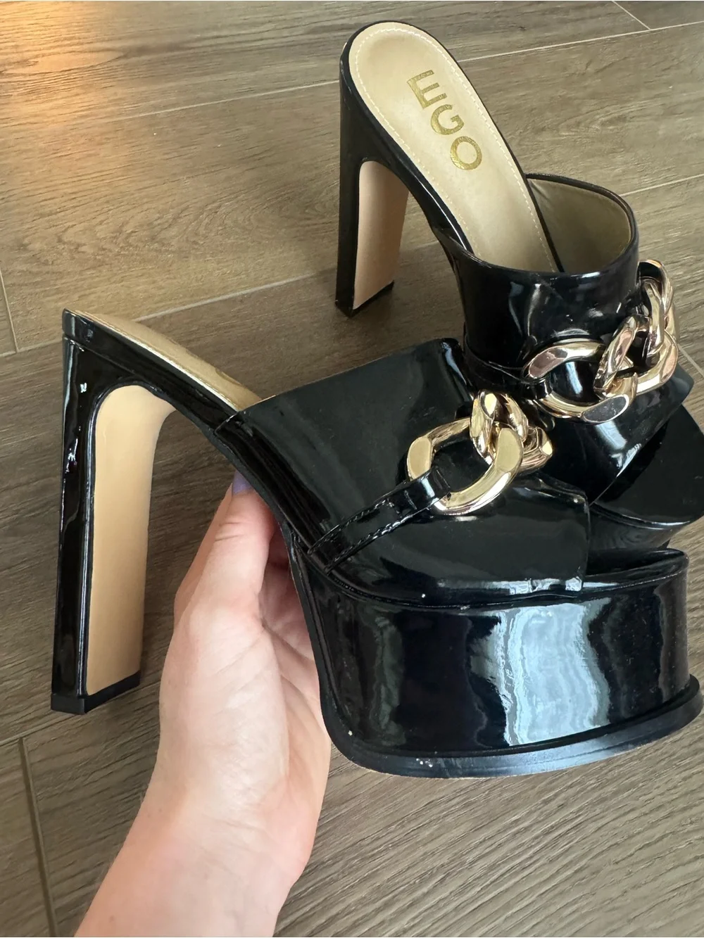 EGO Black Patent Platform Mule size 37